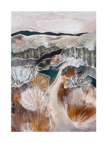 Abstrakte Landschaft in Braun- und Rosatönen mit grafischen weißen Linien.