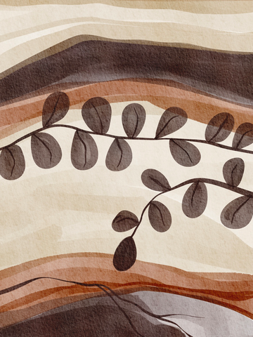 Illustration eines abstrakten Zweigs mit braunen Blättern auf einem gestreiften Hintergrund in Beige und Braun.