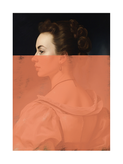 Poster einer eleganten Frau in einem rosafarbenen Kleid mit orangefarbenem Pinselstrich.