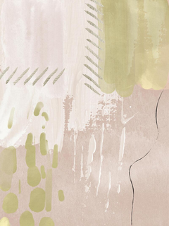 Abstraktes Poster mit Pinselstrichen und Formen in Beige und Grün.