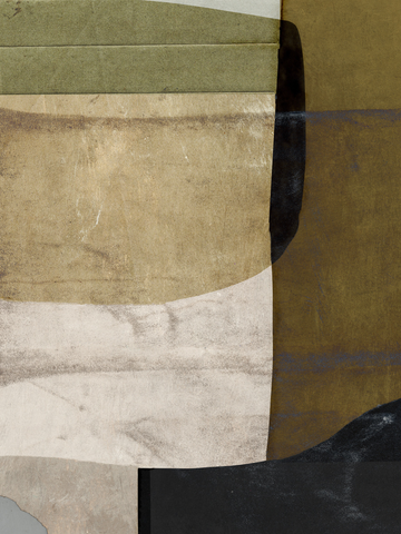 Grafische Illustration mit überlappenden Formen in Grün, Schwarz und Beige.