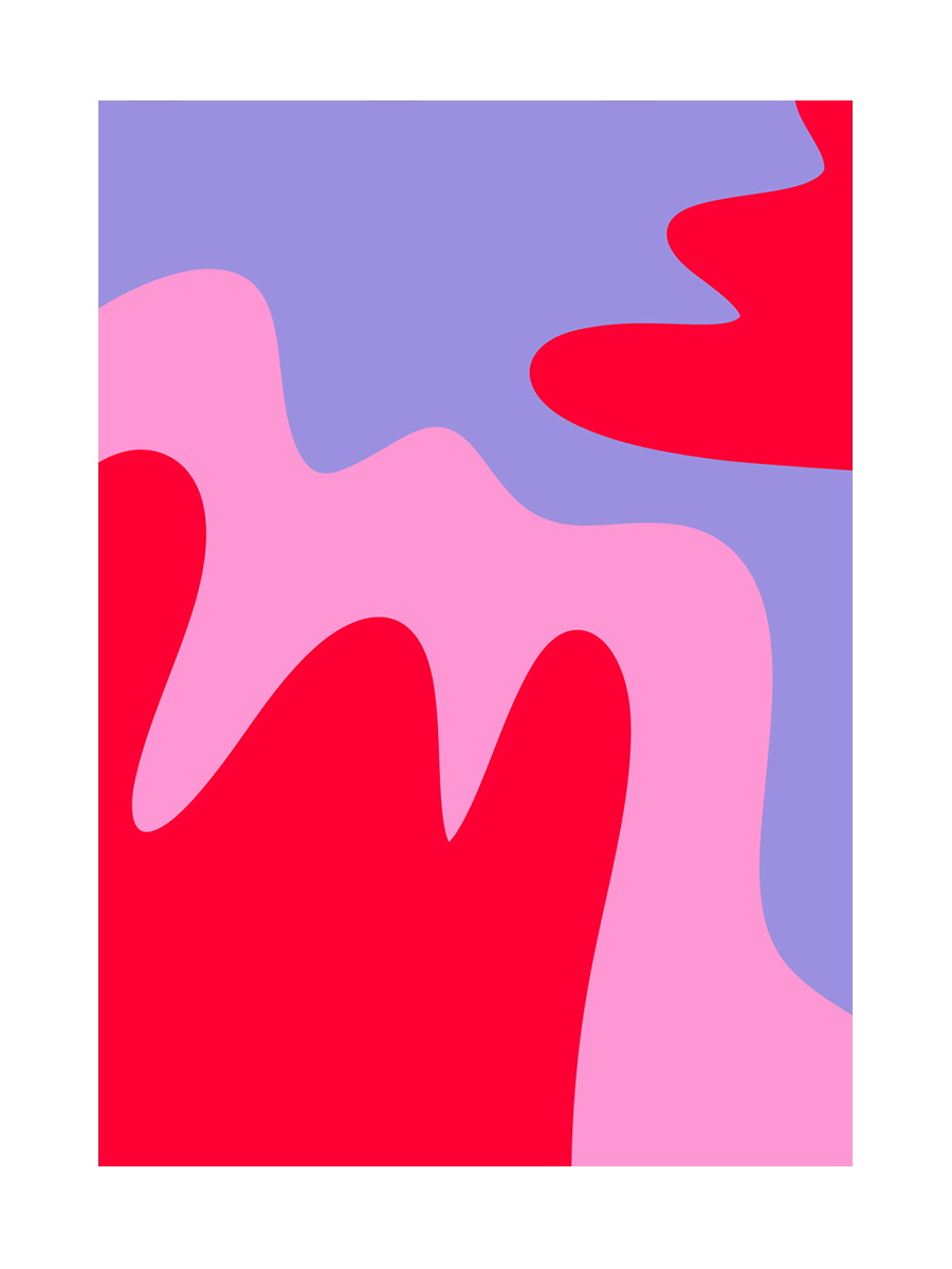 Grafische Illustration mit abstrakten Formen in Rot und Rosa auf einem lila Hintergrund.