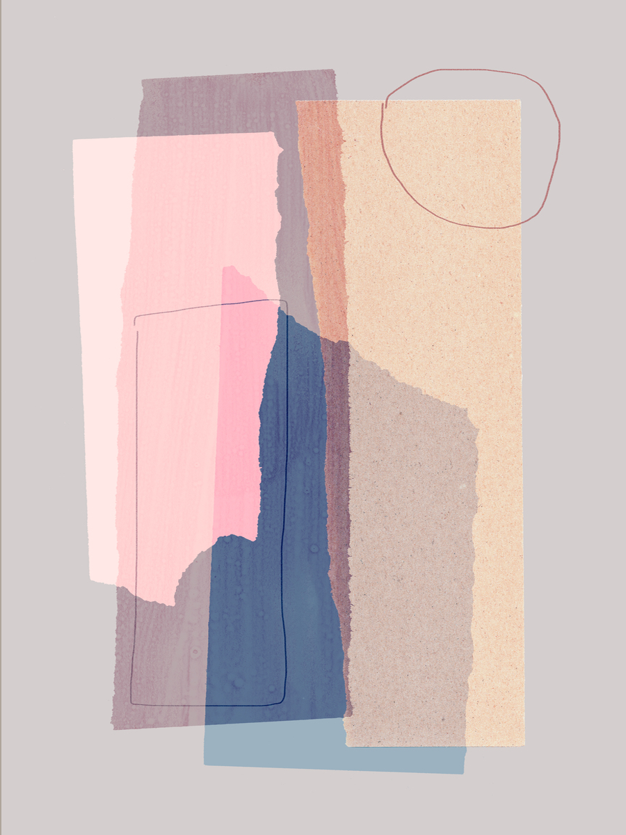Grafische Illustration mit abstrakten Formen in Blau, Rosa und Beige auf grauem Hintergrund.
