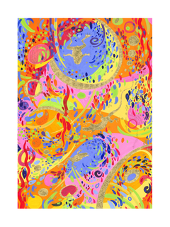 Abstraktes, farbenfrohes Gemälde mit leuchtenden Rot-, Blau- und Gelbtönen.