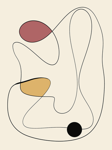 Grafische Illustration mit Linien und Formen in Schwarz und Gelb auf beigem Hintergrund.
