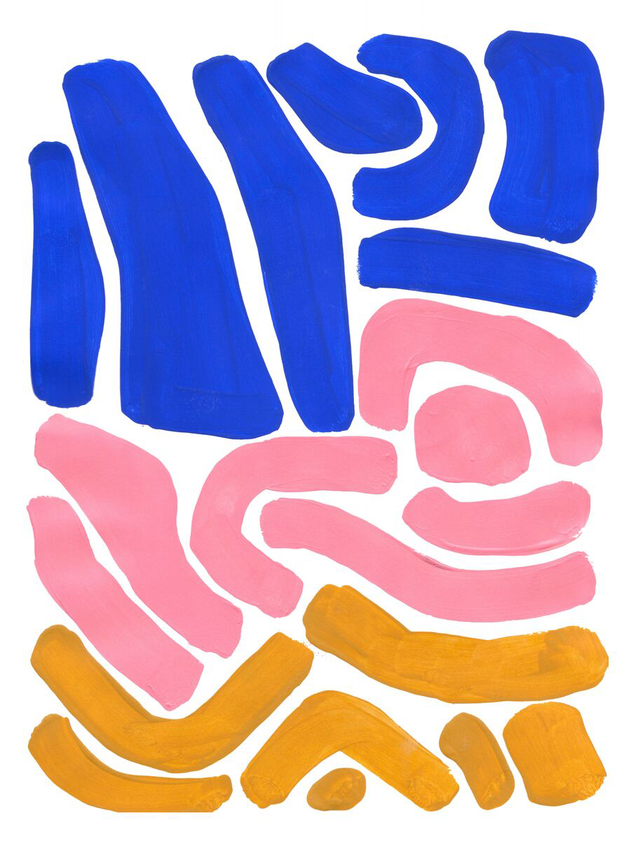 Abstrakte Pinselstriche in Blau, Rosa und Gelb auf weißem Hintergrund.