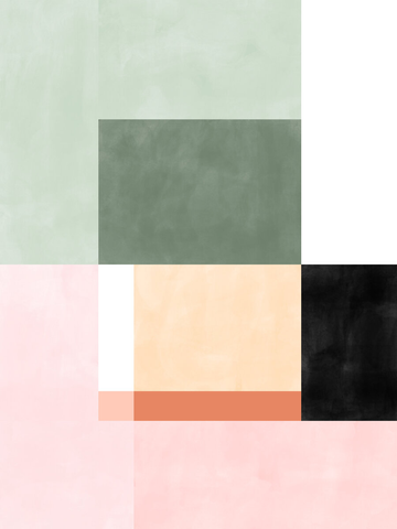 Poster mit Quadraten in Grün, Rosa, Orange, Beige, Schwarz und Weiß.