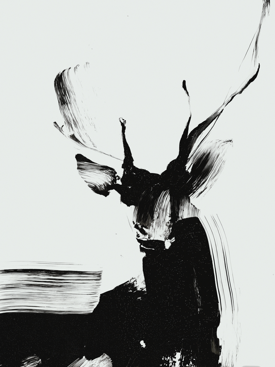 Abstrakte Darstellung eines Hirsches in Schwarz und Weiß mit Pinselstrichen.