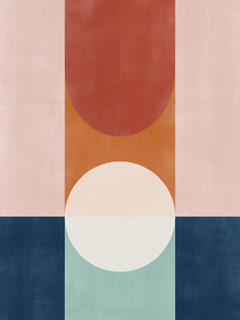 Grafische Illustration mit geometrischen Formen in Blau, Grün, Weiß, Rot, Orange und Rosa.