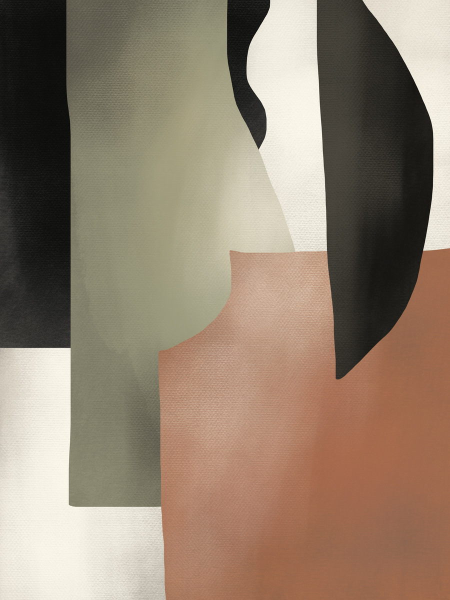 Grafik mit abstrakten Formen in Schwarz, Grün und Braun auf beigem Hintergrund.