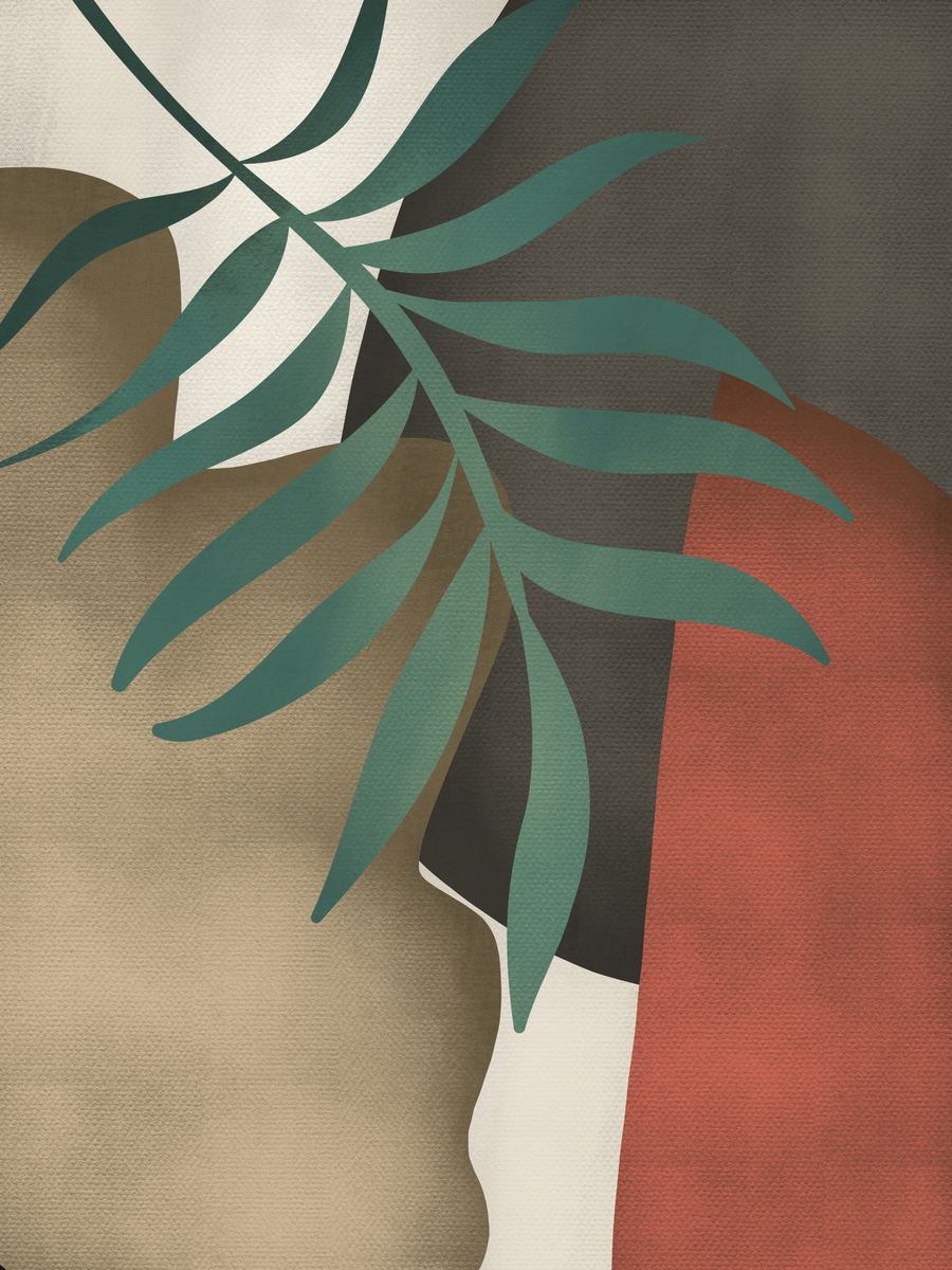 Grafische Illustration mit einem grünen Zweig vor abstrakten Formen in Rot, Schwarz und Beige.