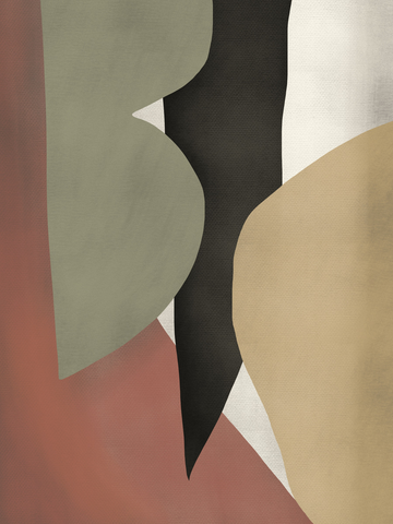 Abstrakte Komposition mit verschiedenen Formen und Farben in Rot, Grün, Beige, Schwarz und Weiß.