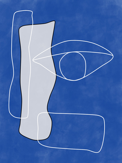 Grafische Illustration eines abstrakten Auges mit Linien und Formen auf blauem Hintergrund.