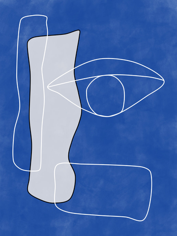 Grafische Illustration eines abstrakten Auges mit Linien und Formen auf blauem Hintergrund.