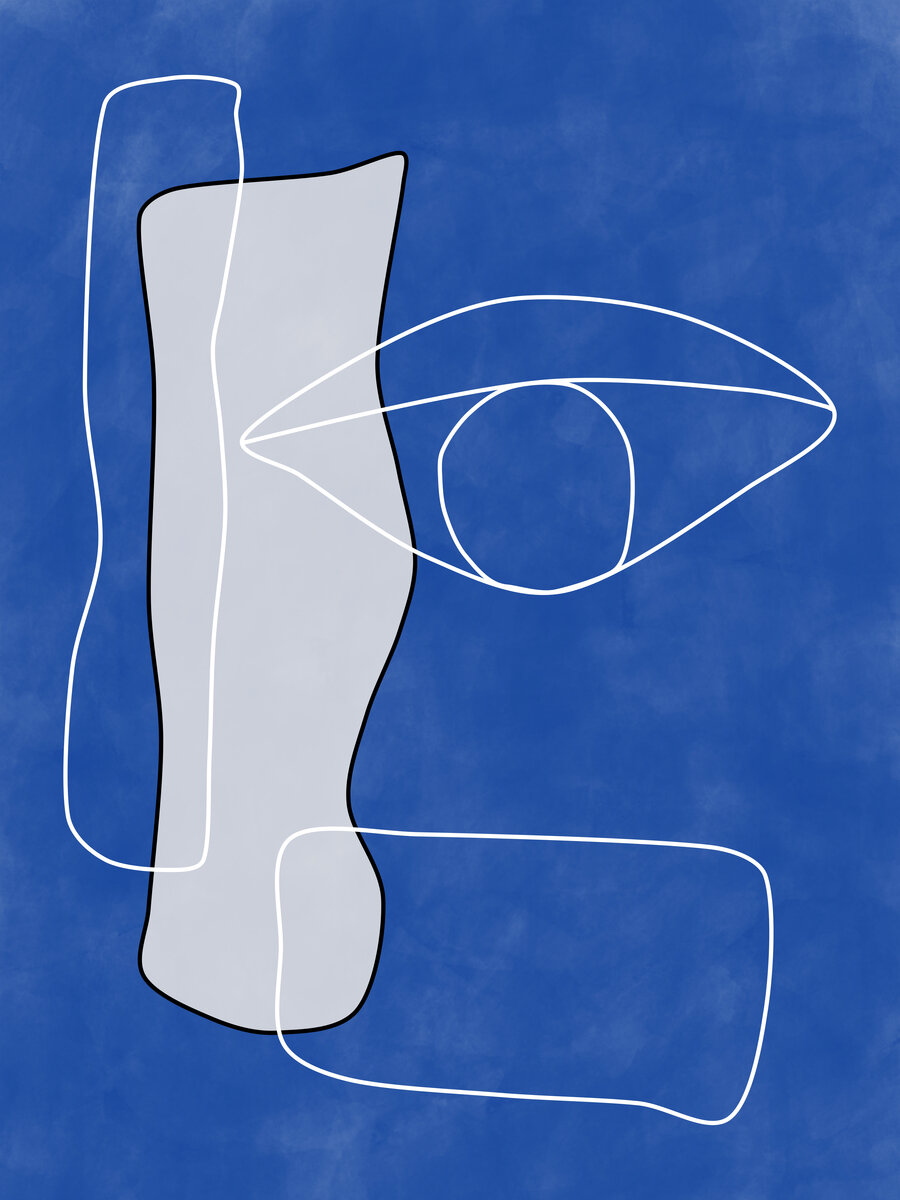 Grafische Illustration eines abstrakten Auges mit Linien und Formen auf blauem Hintergrund.