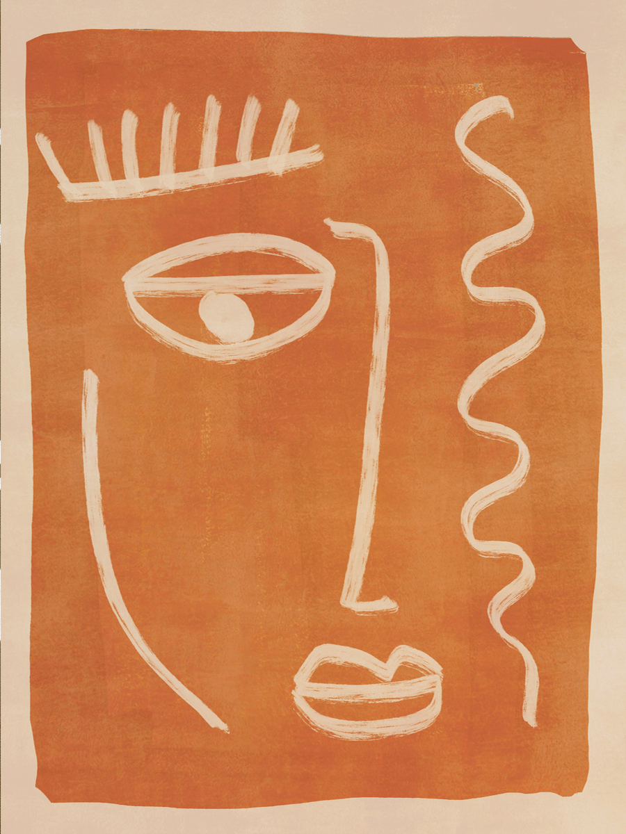 Abstrakte Illustration eines Gesichts in Weiß auf einem orangefarbenen Hintergrund.
