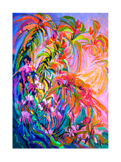 Abstraktes Blumenposter mit lebhaften Farben in Grün, Orange, Pink und Lila auf blauem Hintergrund.