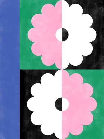 Grafische Illustration mit großen Blüten in Weiß und Rosa auf grünem und schwarzem Hintergrund mit blauem Rand.