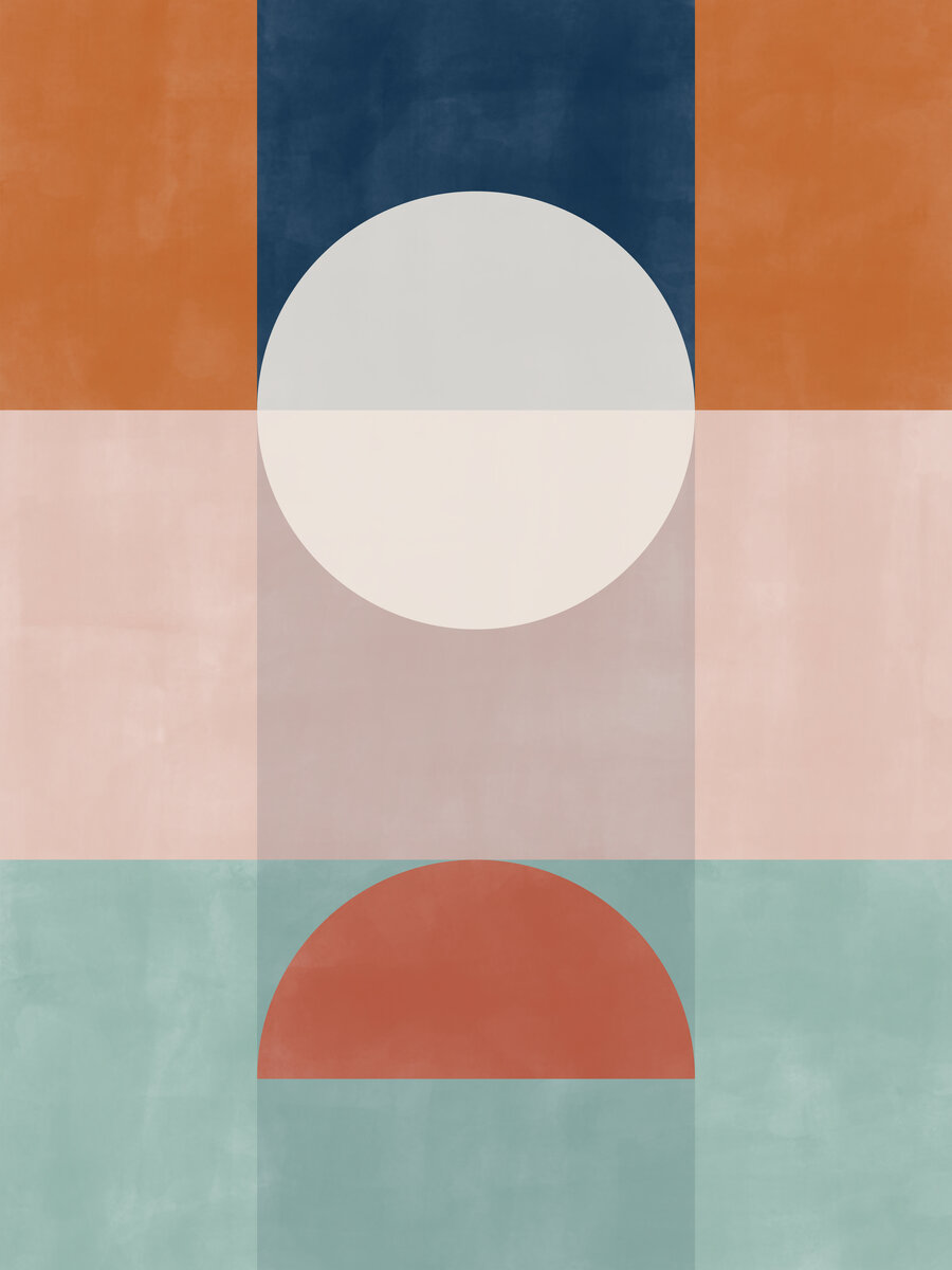 Grafische Illustration mit geometrischen Formen in Blau, Orange, Rosa und Grün.