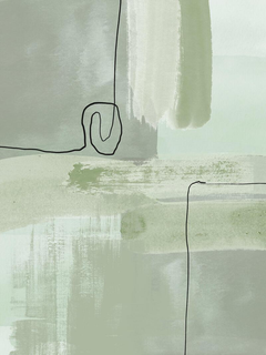 Abstraktes Kunstposter mit grünen Aquarellformen und schwarzen Linien.