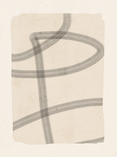 Abstrakte Kunst mit schwarzen Schleifenlinien auf beigem Hintergrund.