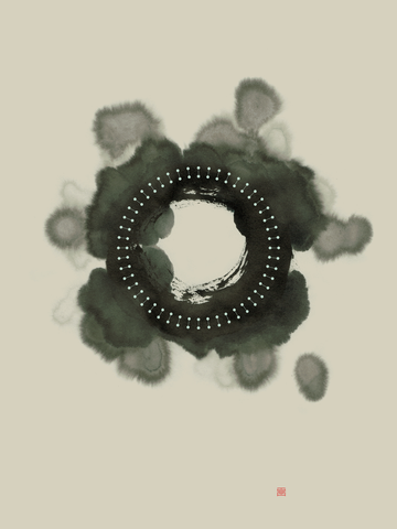 Abstrakte Aquarell-Kunst mit einem schwarzen und grünen Kreis und weißen Punkten auf hellgrauem Hintergrund.