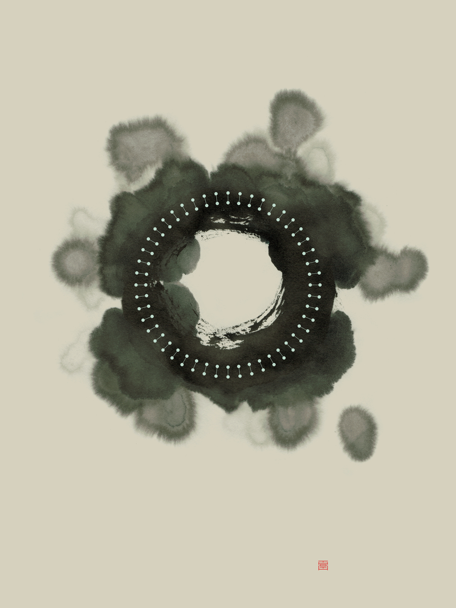 Abstrakte Aquarell-Kunst mit einem schwarzen und grünen Kreis und weißen Punkten auf hellgrauem Hintergrund.