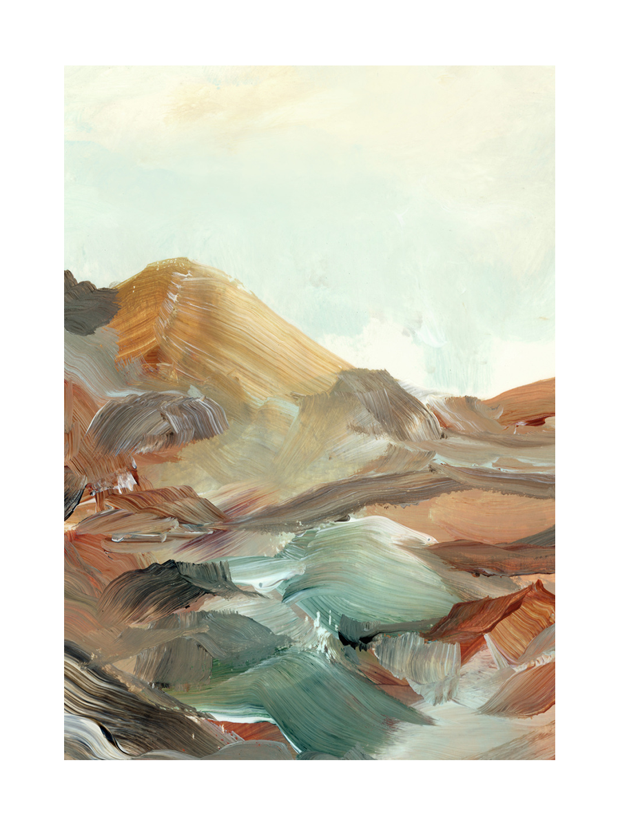 Aquarell eines abstrakten Berges in Beige, Grün, Blau und Orange mit hellem Himmel.