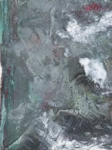 Abstraktes Acrylgemälde in Grün und Weiß mit komplexen Texturen und Schattierungen.