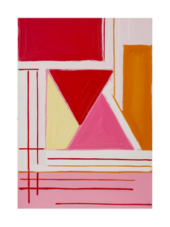 Abstrakte Ölmalerei mit geometrischen Formen und Linien in Rot, Pink und Orange.