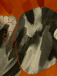 Abstrakte Kunst mit einem großen schwarzen Fleck und kleinen weißen Flecken auf einem orangefarbenen Hintergrund.