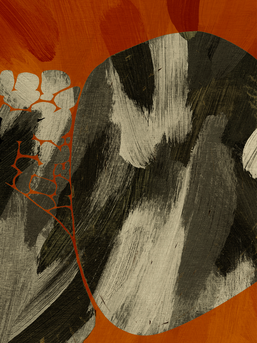 Abstrakte Kunst mit einem großen schwarzen Fleck und kleinen weißen Flecken auf einem orangefarbenen Hintergrund.