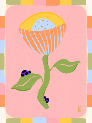 Eine kindliche Illustration einer großen abstrakten Blume mit zwei kleinen lila Marienkäfern auf den Blättern.