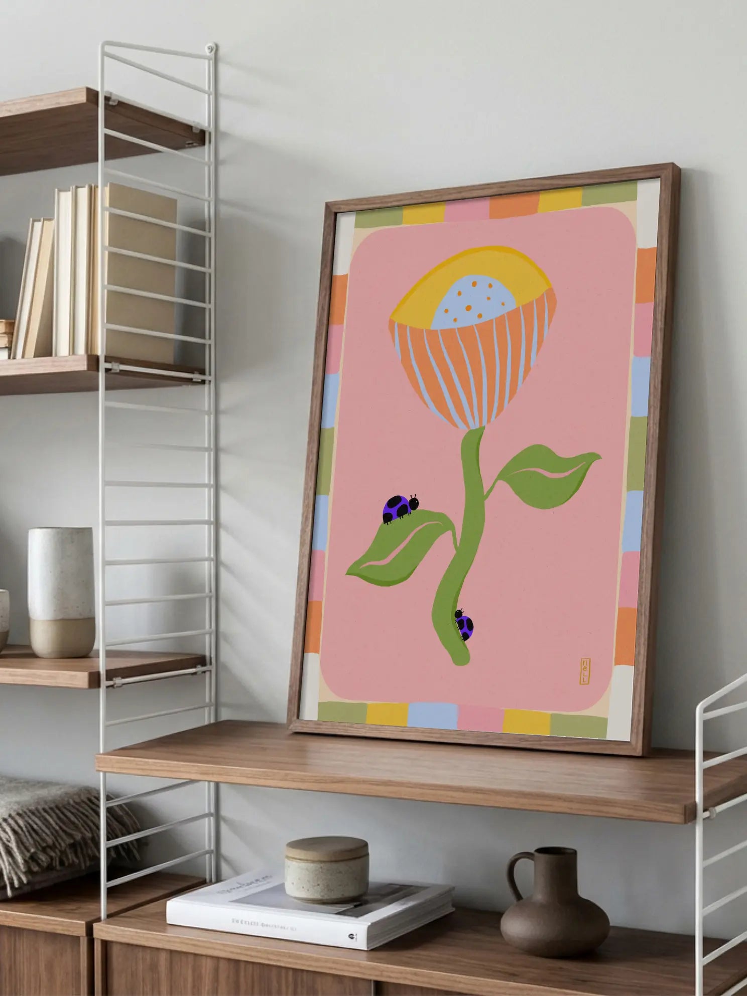 Abstract Orange Flower And Ladybugs Poster