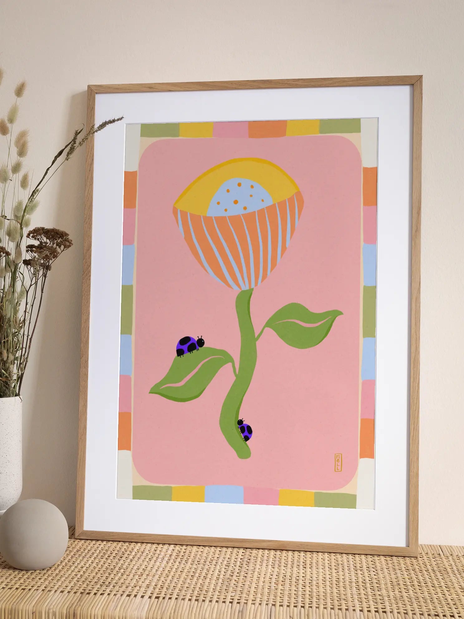 Abstract Orange Flower And Ladybugs Poster