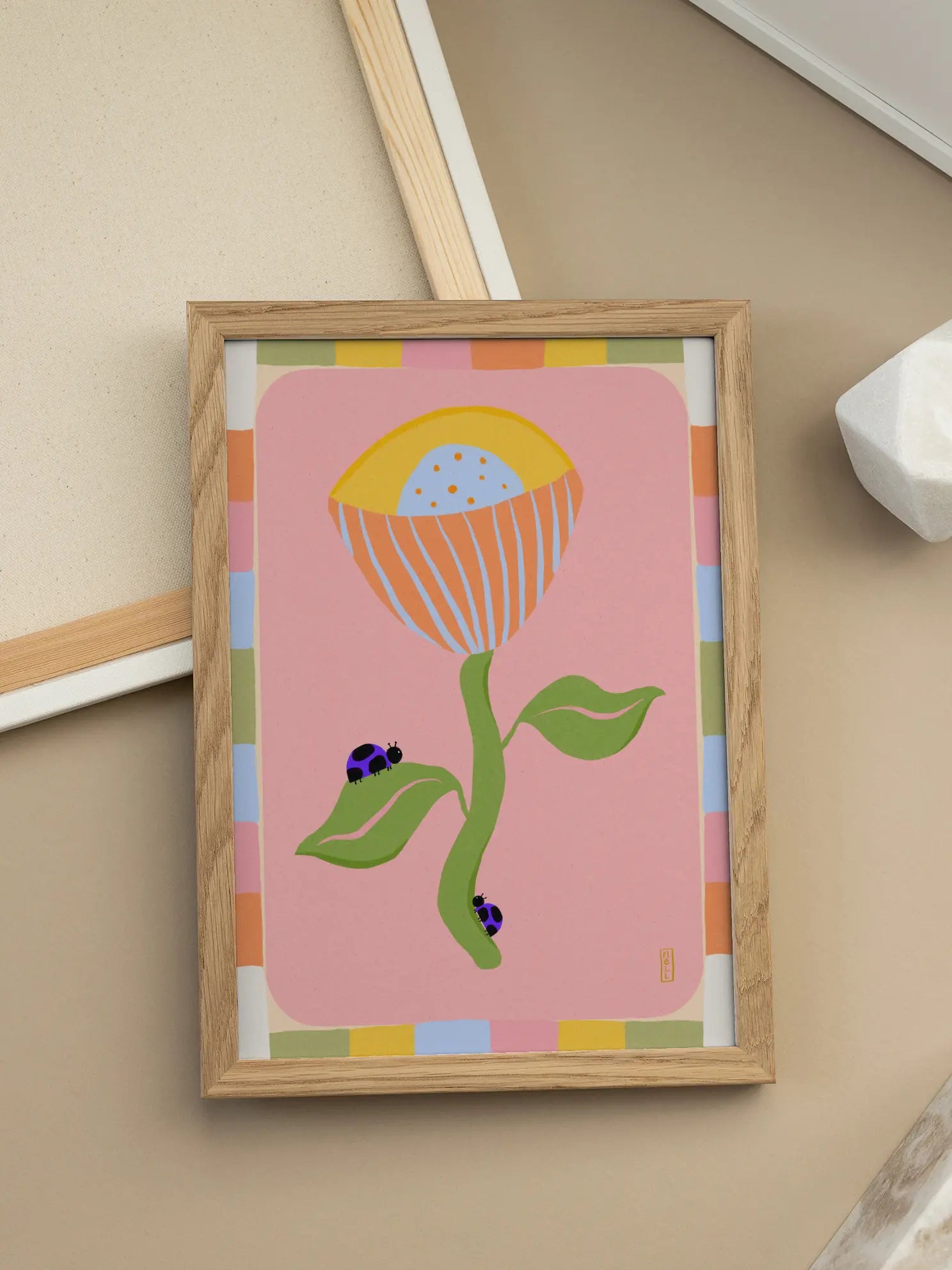 Abstract Orange Flower And Ladybugs Poster