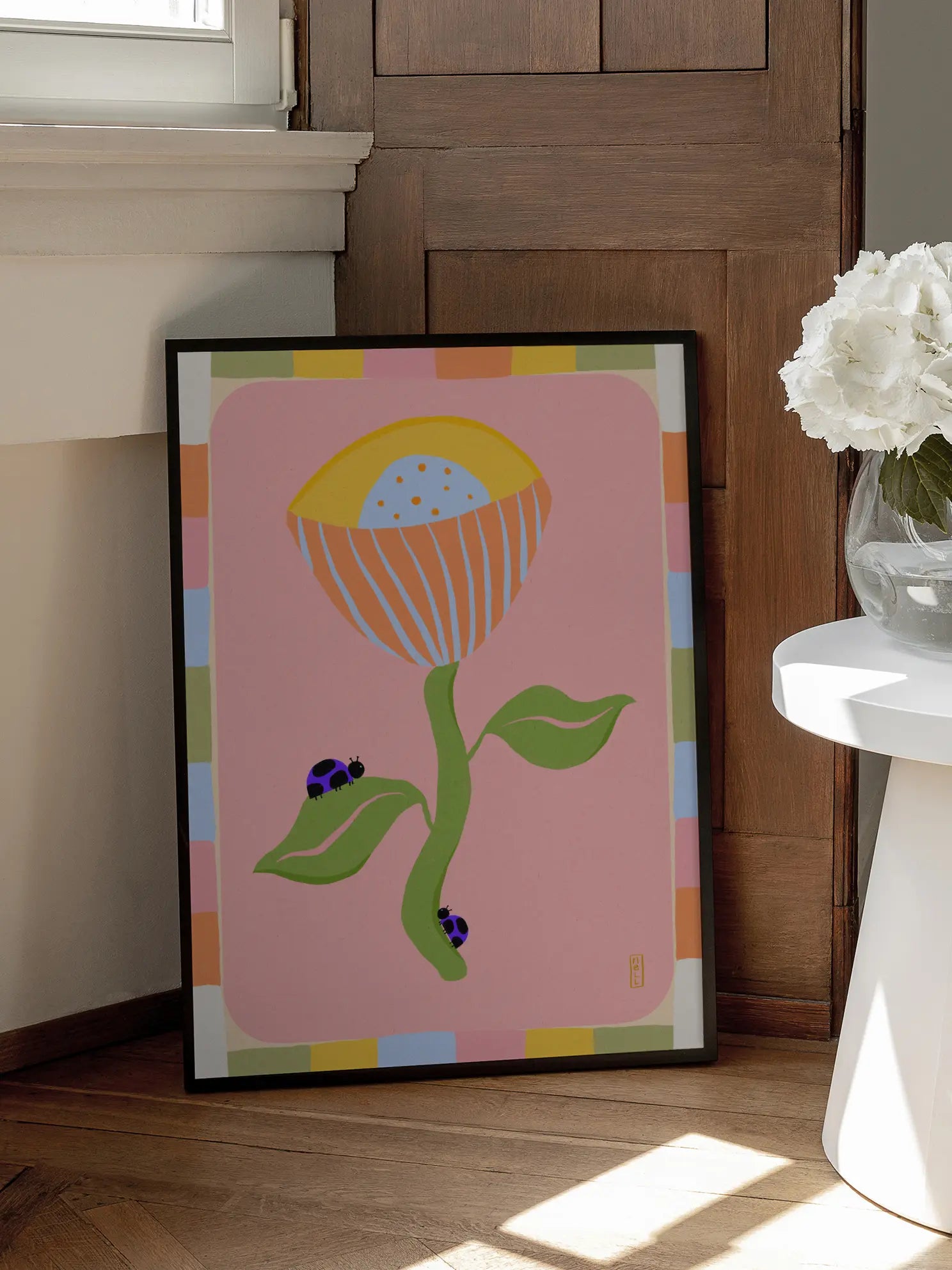 Abstract Orange Flower And Ladybugs Poster