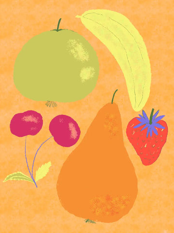 Eine farbenfrohe und einfache Illustration von verschiedenen Früchten wie Birne Banane Apfel und Erdbeere.