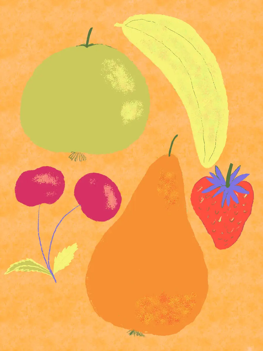Eine farbenfrohe und einfache Illustration von verschiedenen Früchten wie Birne Banane Apfel und Erdbeere.