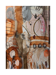 Abstrakte Malerei in Braun mit Linien und Formen in verschiedenen Farben.