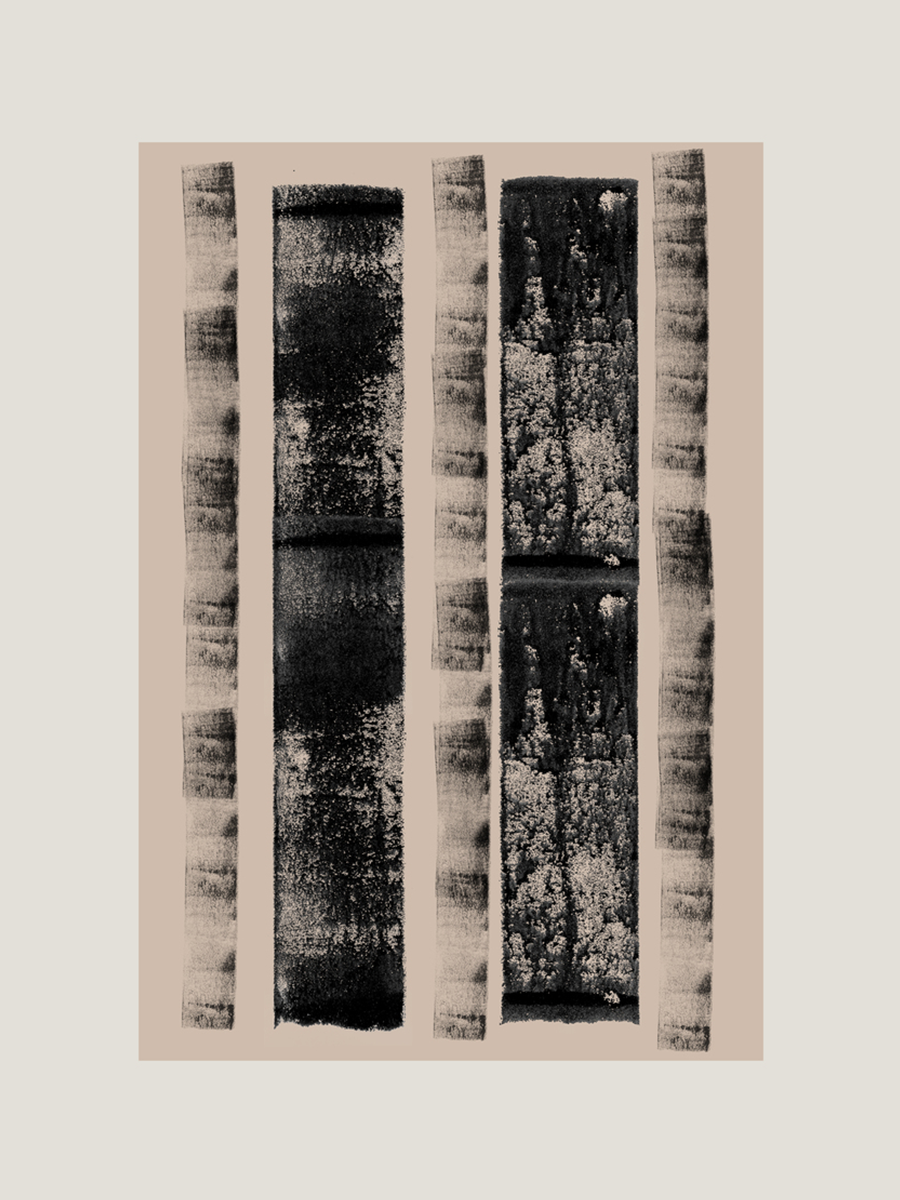 Grafische Illustration mit einem abstrakten Muster in Schwarz auf beigem Hintergrund.