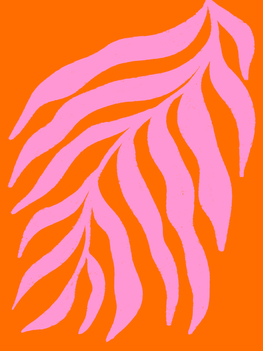 Abstrakte Darstellung einer rosa Pflanze vor einem orangefarbenen Hintergrund.