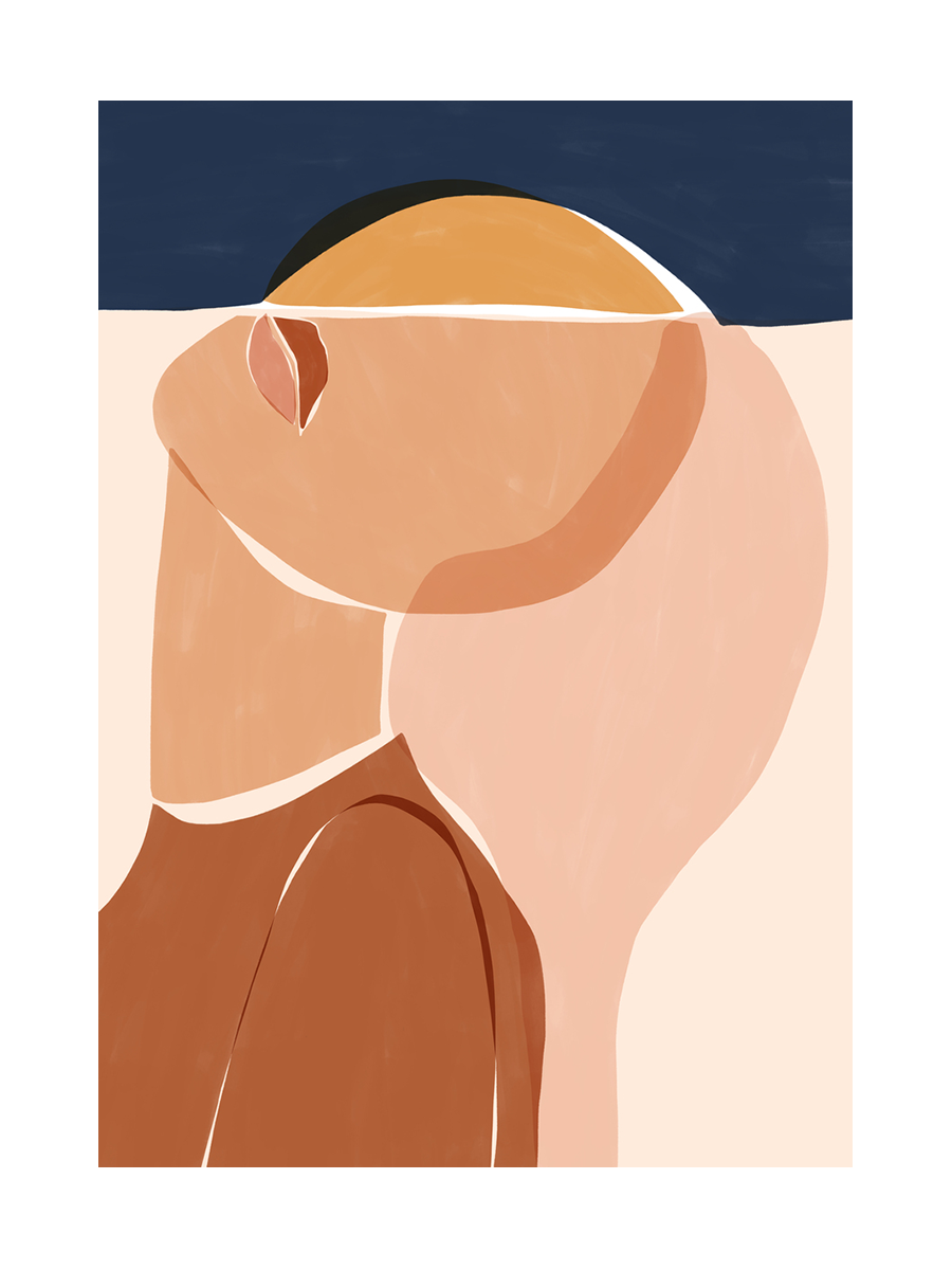 Abstrakte Illustration einer Person in Schwarz und Beige mit brauner Kleidung vor dunkelblauem Hintergrund.