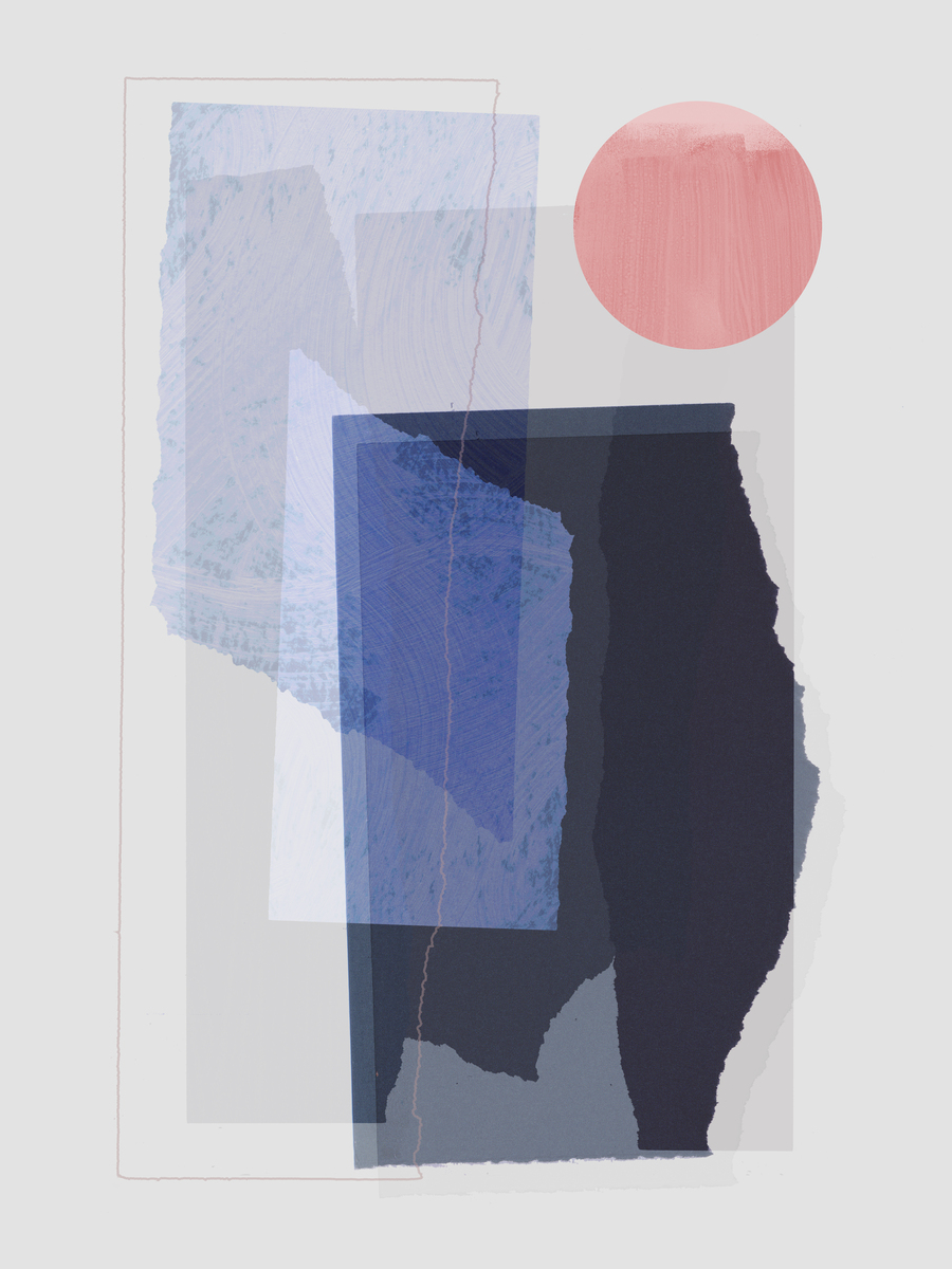 Grafik mit abstrakten Formen in Blau und einer rosa Sonne vor grauem Hintergrund.