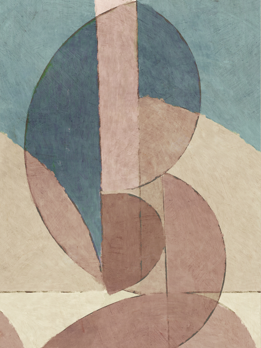 Abstrakte Formen in Rosa, Blau und Beige auf einem Poster.