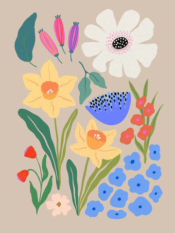 Eine bunte Illustration verschiedener abstrakter Frühlingsblumen wie Narzissen auf beigem Grund.