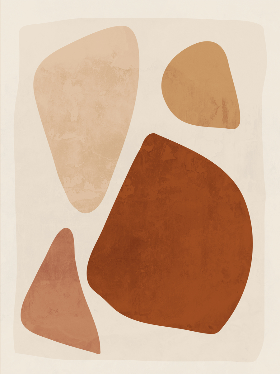 Illustration mit abstrakten Formen in Rot und Beige auf hellbeigem Hintergrund.