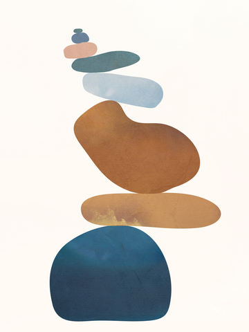 Grafik mit abstrakten Steinen in Blau, Orange und Rosa auf hellbeigem Hintergrund.