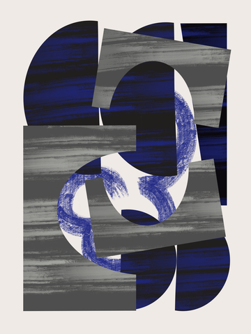 Grafische Illustration mit abstrakten Formen und Kreisen in Blau und Grau auf hellbeigem Hintergrund.