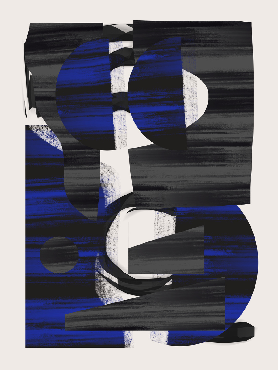 Abstraktes Poster mit blauen, schwarzen und weißen Formen auf beigem Hintergrund.